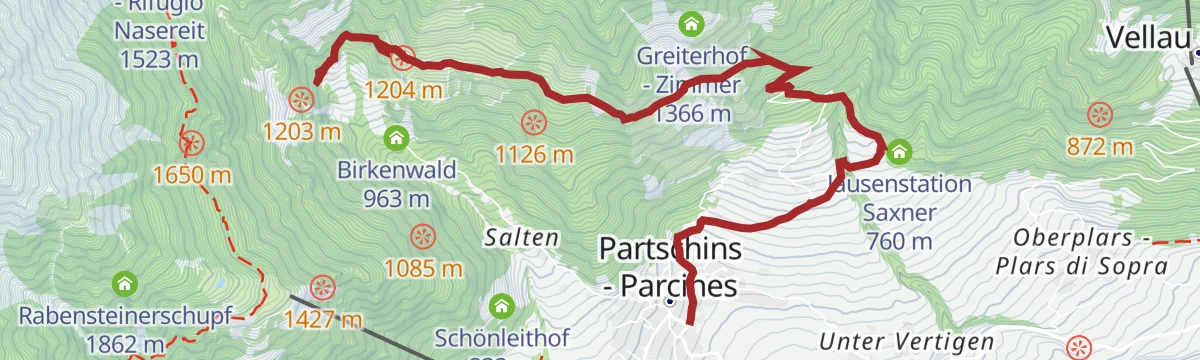 Route map: Cascata di Parcines -Tablà – Alta Via di Parcines – Saxner - Parcines (sentiero Terrainkur n° 4)